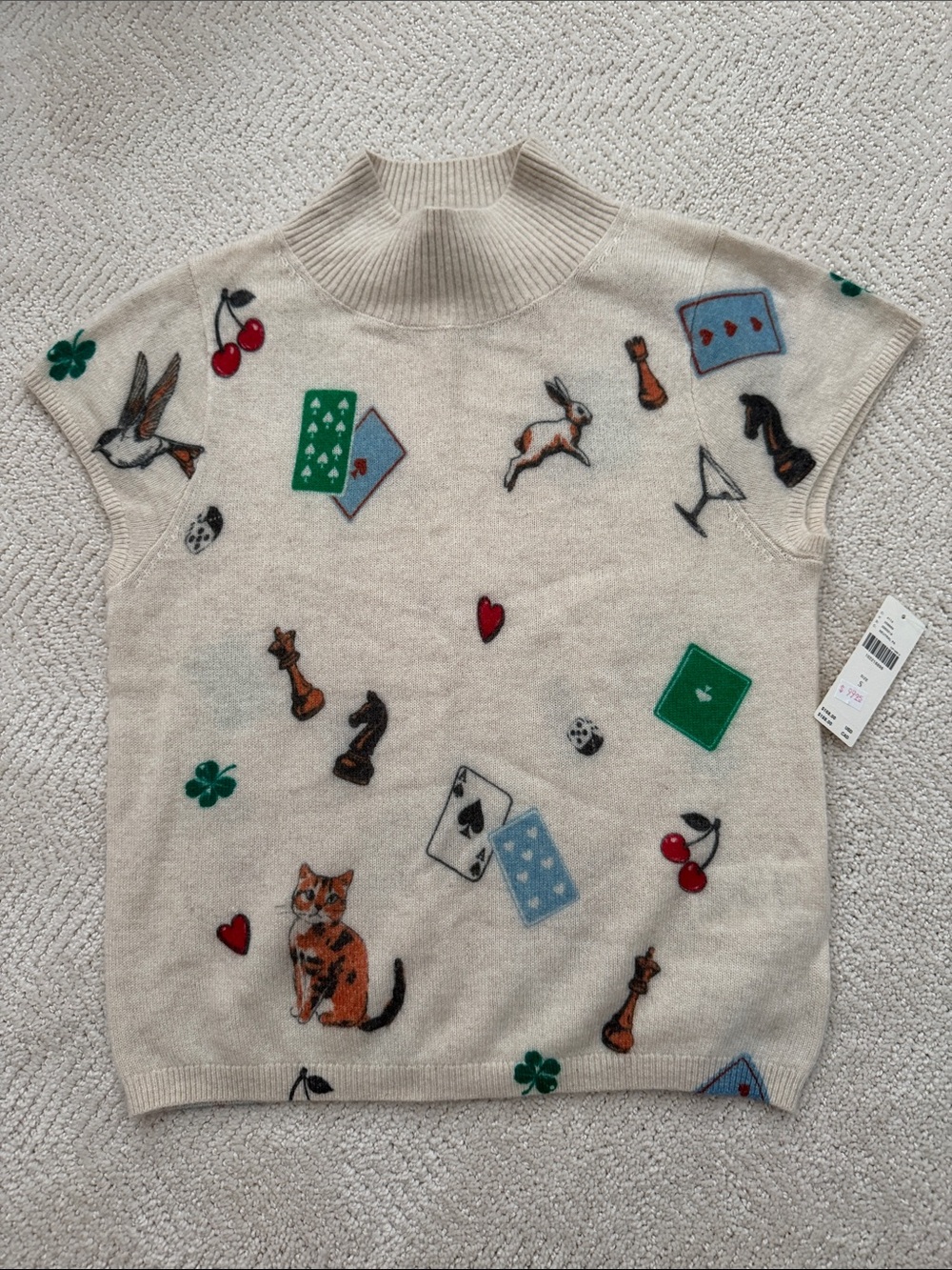 Maeve Cream Novelty Embroidered Mock-Neck Sweater Vest